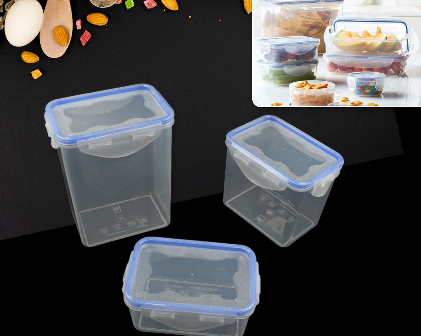 Kitchen Storage Container Set with Food Grade Plastic and Air Seal Lock Lid for Storage of Grocery, Spices, Dry fruits Use For Home, Office, Restaurant, Canteens (3 Piece Set)