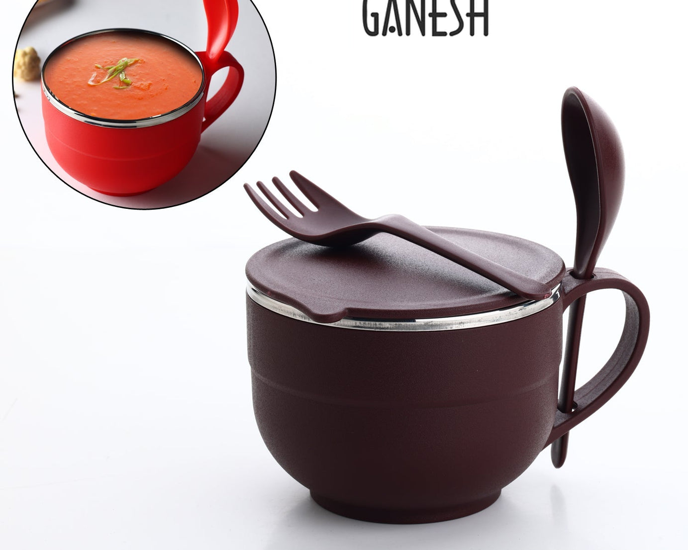 Compact stainless steel bowl set with handle and spoon holder