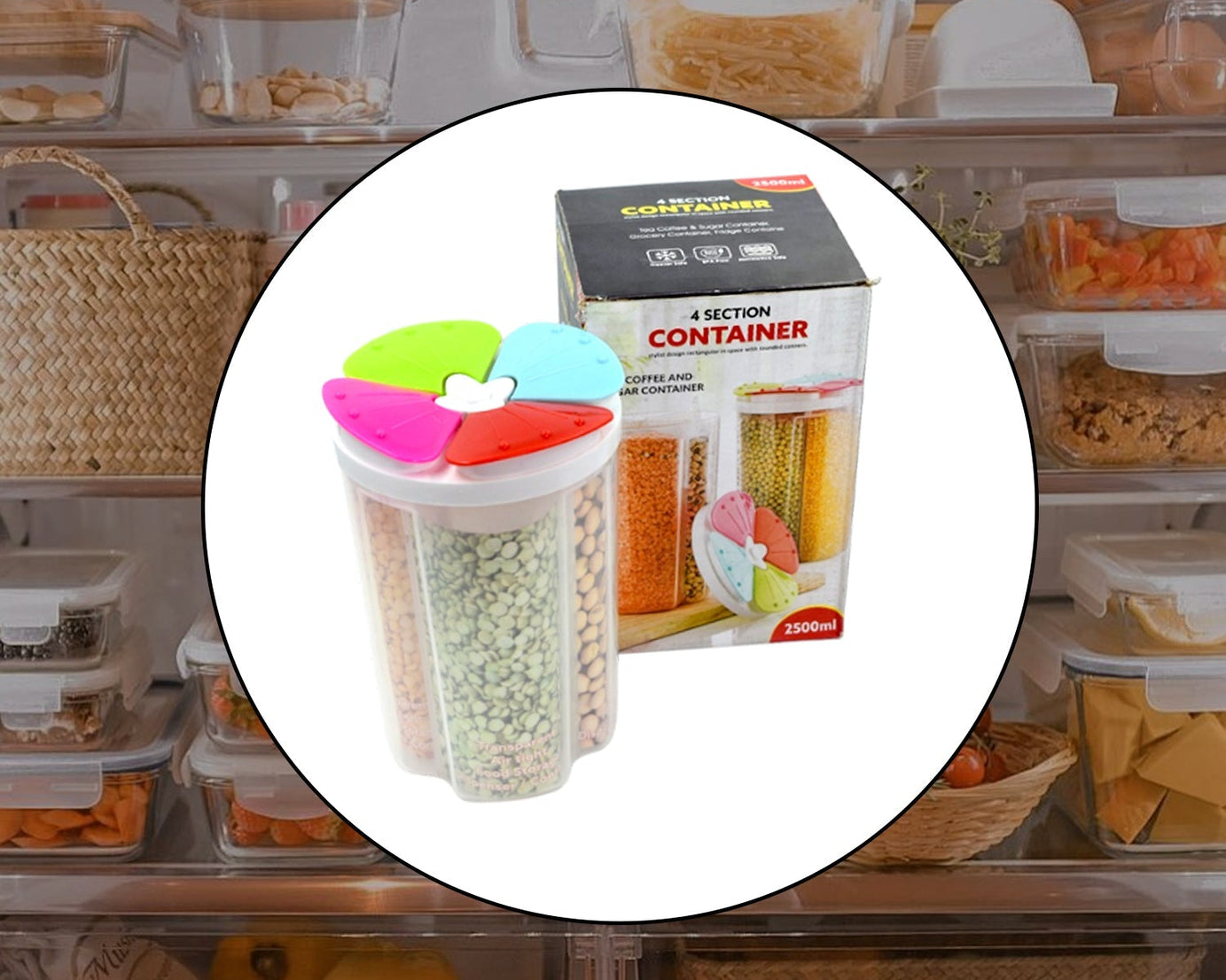 Transparent food storage container with multiple sections