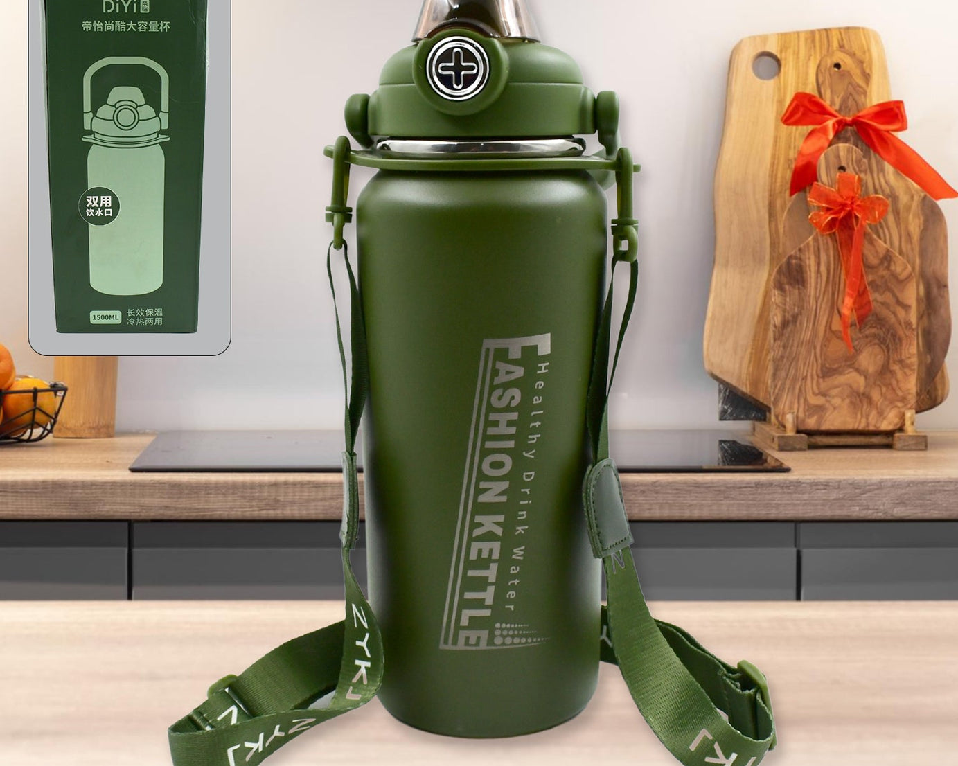 Stainless Steel Water Bottle with Straw, Strap & Handle  Vacuum Insulated Thermos Flask Double-Walled Coffee Thermos Flask Leak-proof Water Bottle for Sports, Fitness, Gym (1500ML)