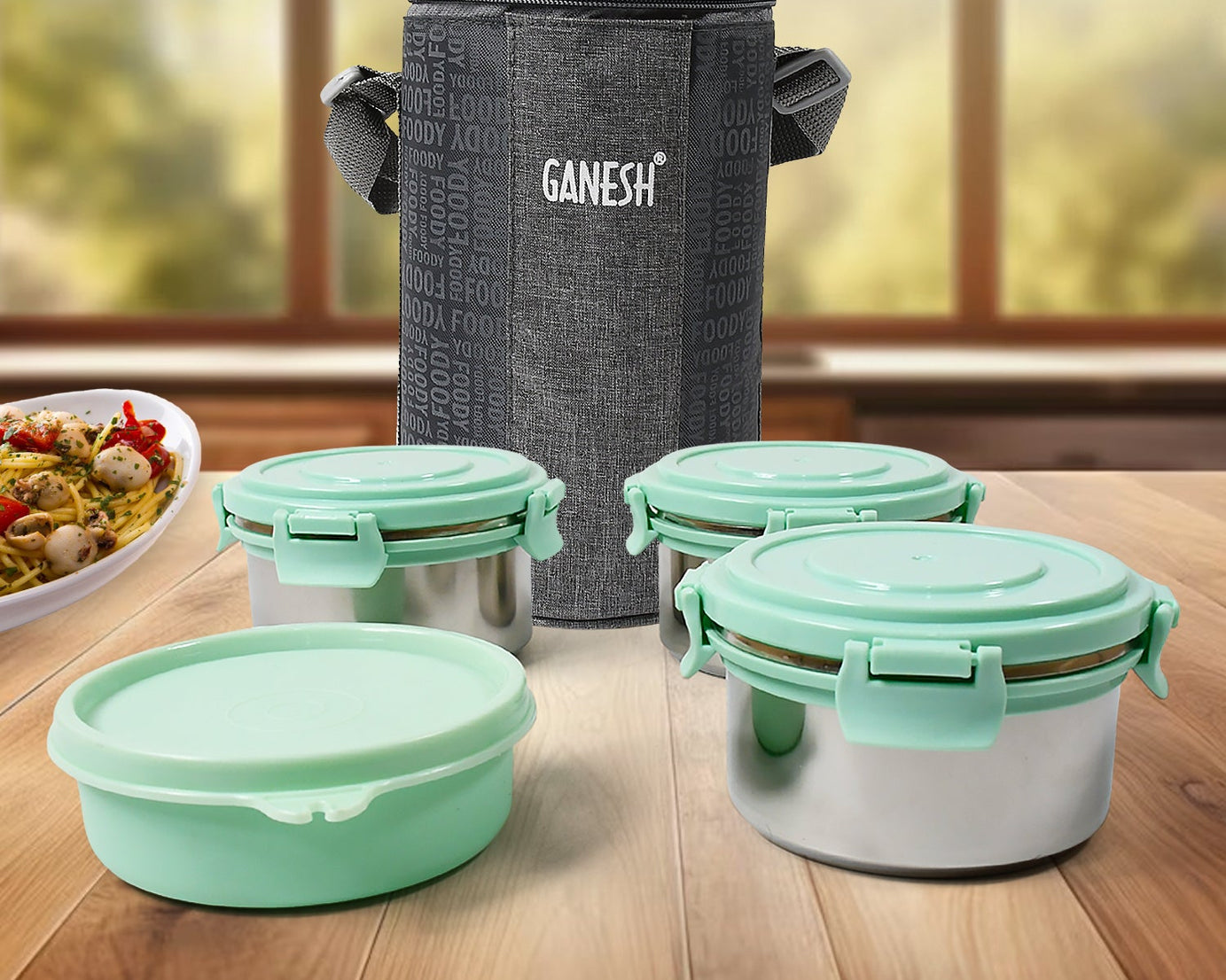 Ganesh 4In1 Tiffin Box-Lunch Box | 3 Stainless Steel Containers 300 Ml Approx & Plastic Salad Container 200 Ml Approx| Plastic lid Box | Round Zip Bag | Leak Proof | Microwave Safe for Office, College and School for Men, Women