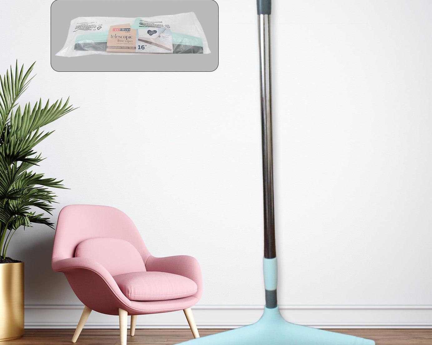 Ganesh telescopic bathroom wiper, 12 inch (30 cm), shown from various angles.