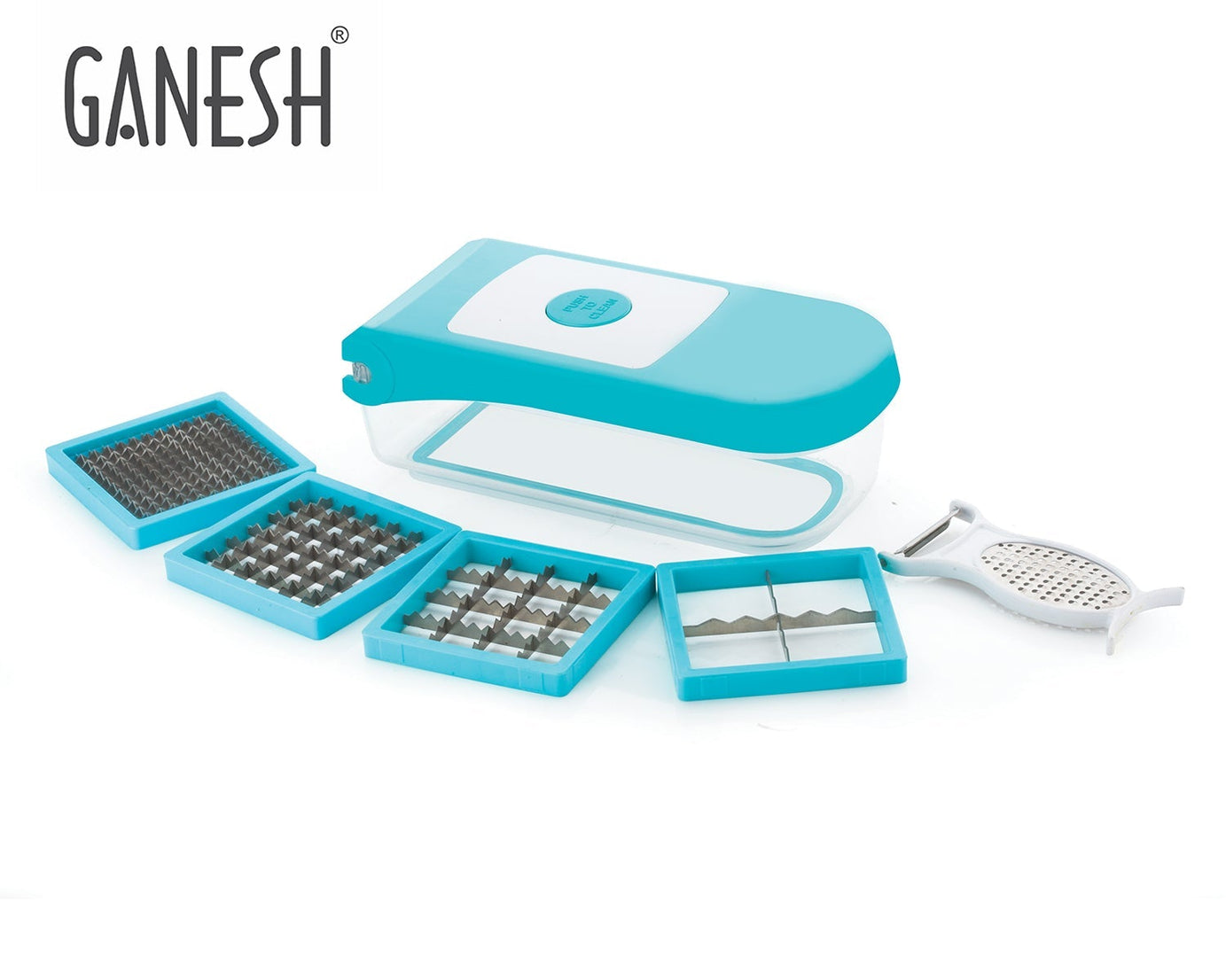 7-in-1 plastic vegetable dicer by Ganesh, blue color, various views.