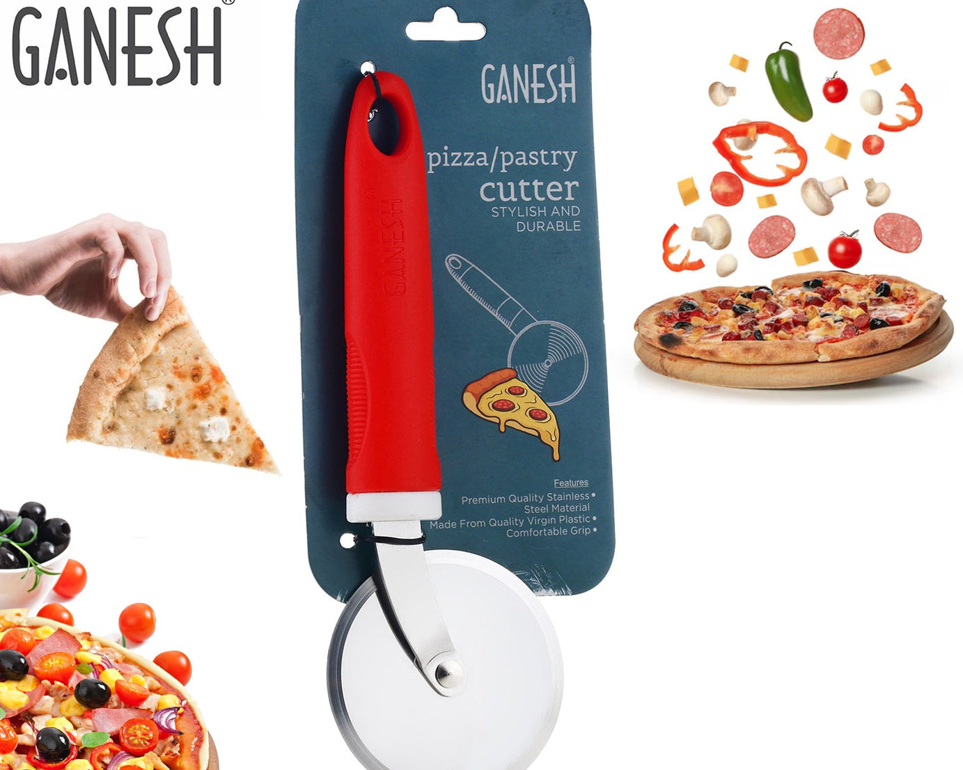 Stainless steel pizza cutter wheel by Ganesh, angled view.