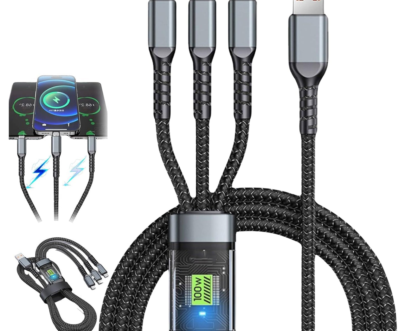 3-in-1 Super Fast Charging Cable 100w, Multifunctional Convenient Super Fast Charging Cable Nylon Braided Cord, 3-in-1 Silicone Zinc Alloy 3 Head Charging Cable