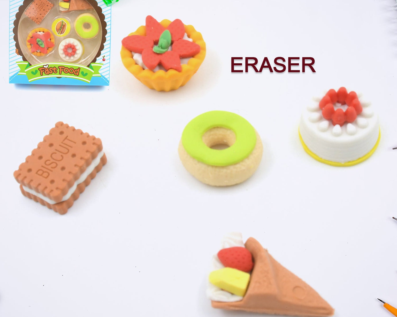 3D Fast Food Fancy & Stylish Colorful Erasers, Mini Eraser Creative Cute Novelty Eraser for Children Different Designs Eraser Set for Return Gift, Birthday Party, School Prize, Fast Food Set Eraser ( 5 pc Set )