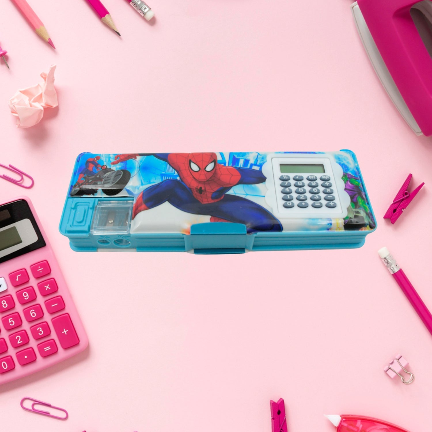 4260 Art & Stationery Cartoon Multi-functional Geometry Box for Boys with Inbuilt Calculator, 2 Sides Open and Double Sharpener Stationery Kit Pencil Box for Boys Art Plastic Pencil Box for Girls and Boys