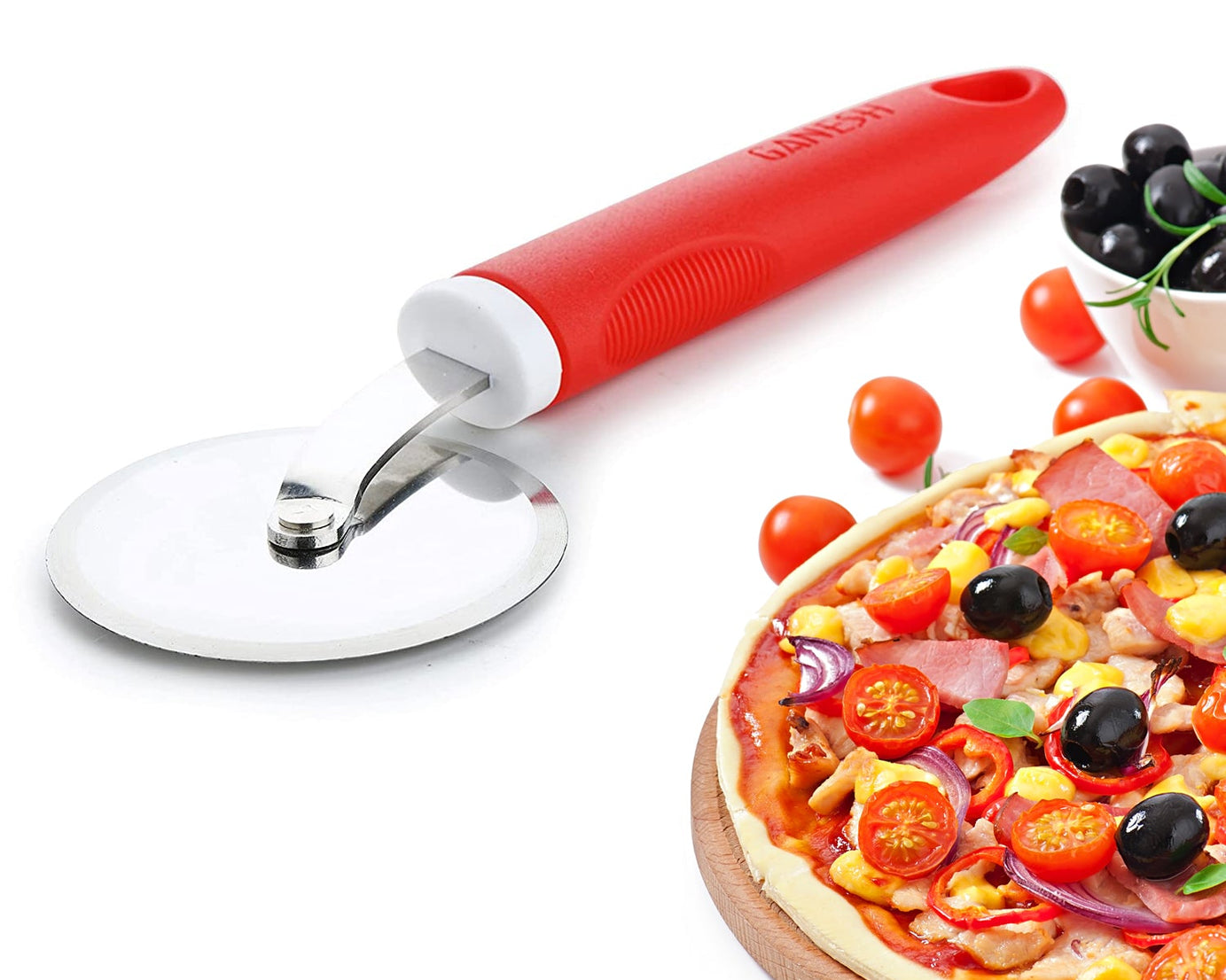 Ganesh pizza cutter, stainless steel wheel, shown in use.
