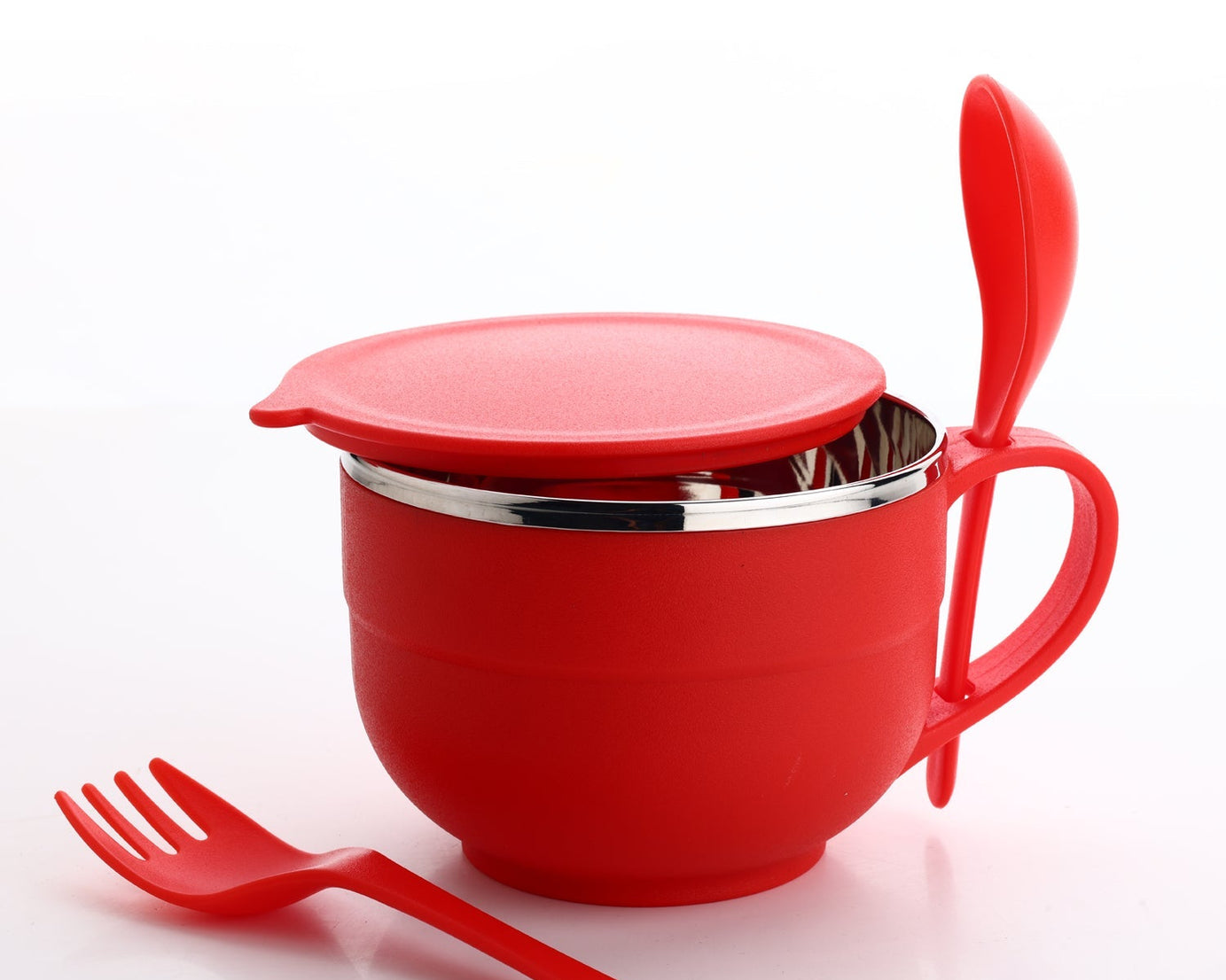 Stainless steel bowl with spoon and fork for noodles and soup