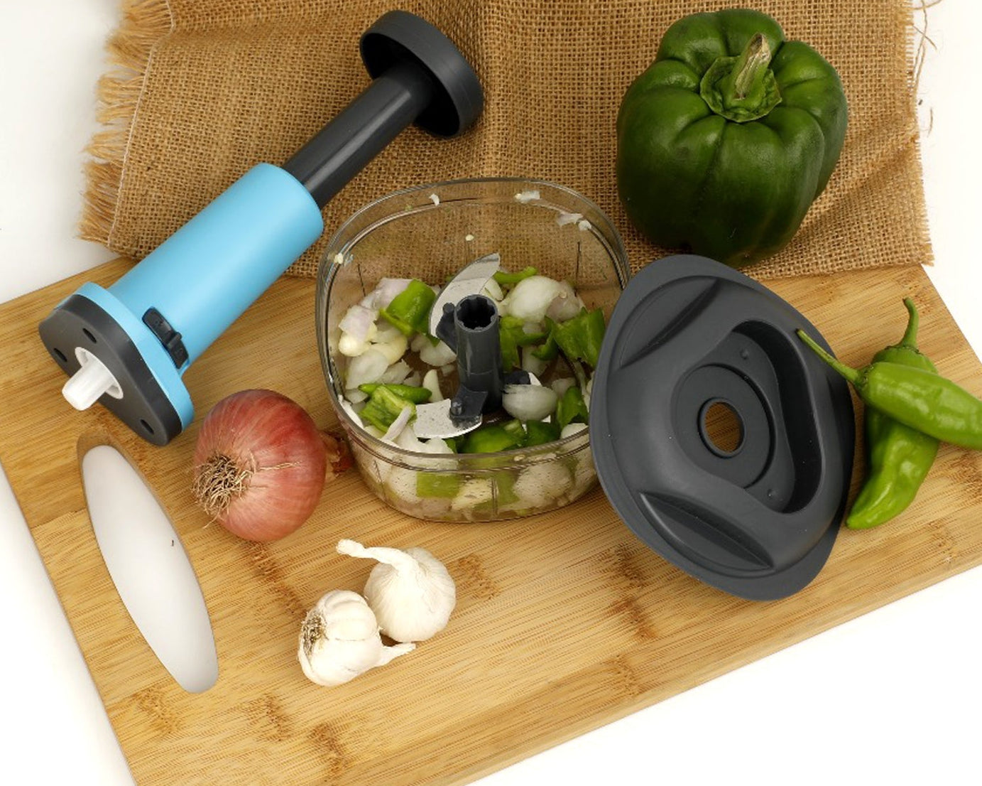 Hand push chopper with stainless steel blades, detailed view