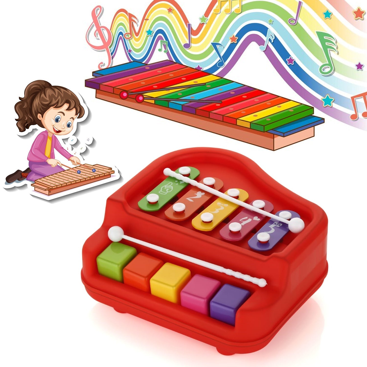 2 in 1 Baby Piano Xylophone Toy for Toddlers, 5 Multicolored Key Keyboard Xylophone Piano, Preschool Educational Musical Learning Instruments Toy for Baby Kids Girls Boys 3+ Years (1 Pc)