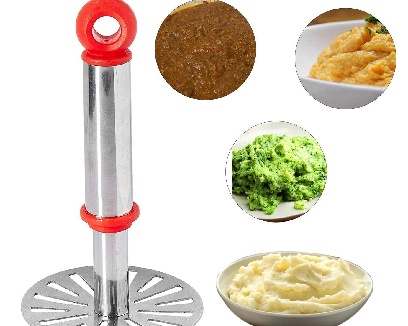 Ganesh potato/pav bhaji masher with plastic handle, silver and plastic, oval shape.