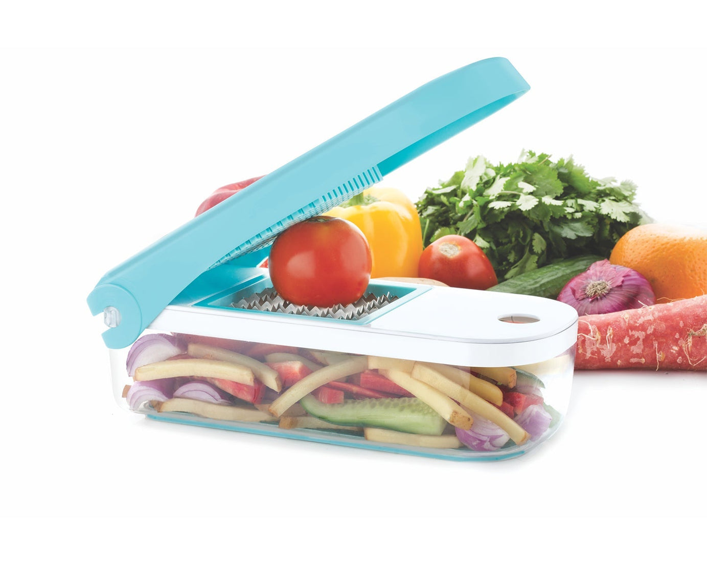 Blue Ganesh 7-in-1 plastic vegetable dicer, multiple views and angles.