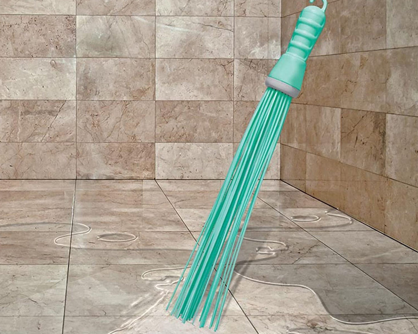 Hard bristle broom with plastic handle, bathroom use
