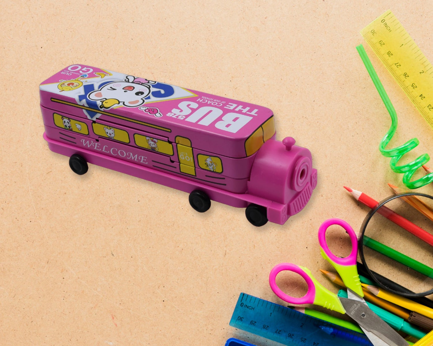 Double Decker Magic Bus Compass 2 Layer Metal Bus Compass Pencil Case with Movable Wheels & Sharpener Bus Shape with Tiers Metal Pencil Box for Kids Birthday Party