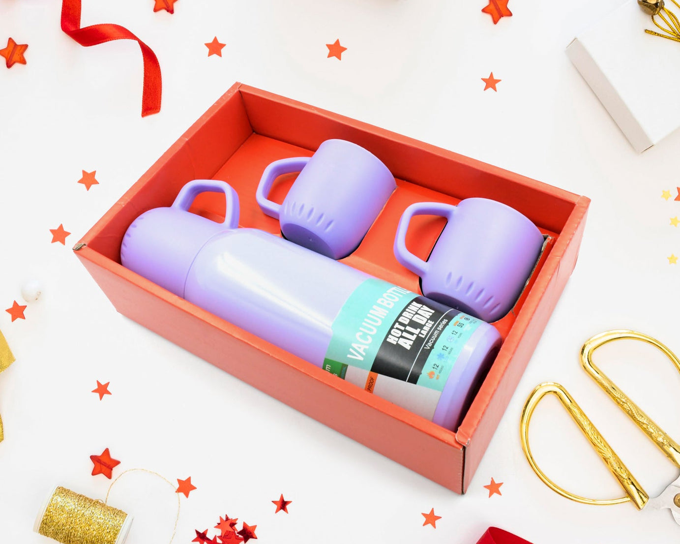 Vacuum Flask Set Stainless Steel Thermos With 3 Cup Creative Gift Set With Cover Handle Portable Car Water Bottle Set (Approx 500ml)