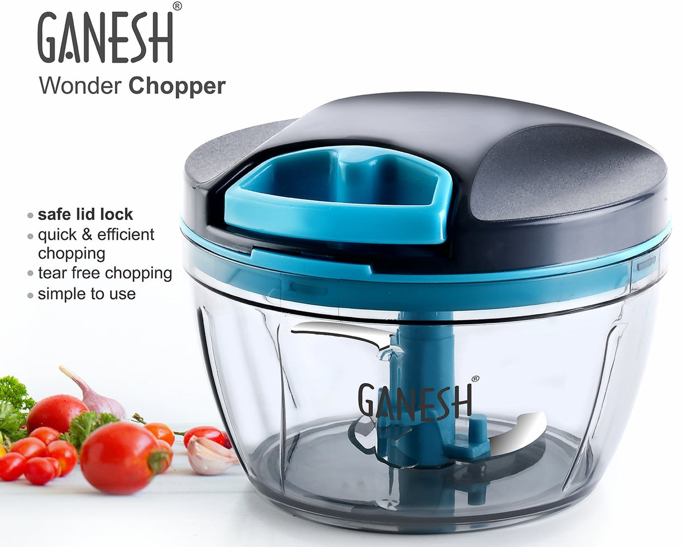 Ganesh 470 ml Wonder Chopper in grey, various angles and views.