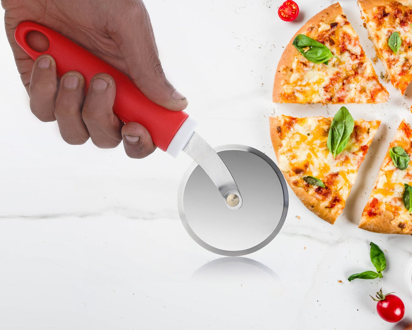 Ganesh pizza cutter wheel, stainless steel, close-up view.