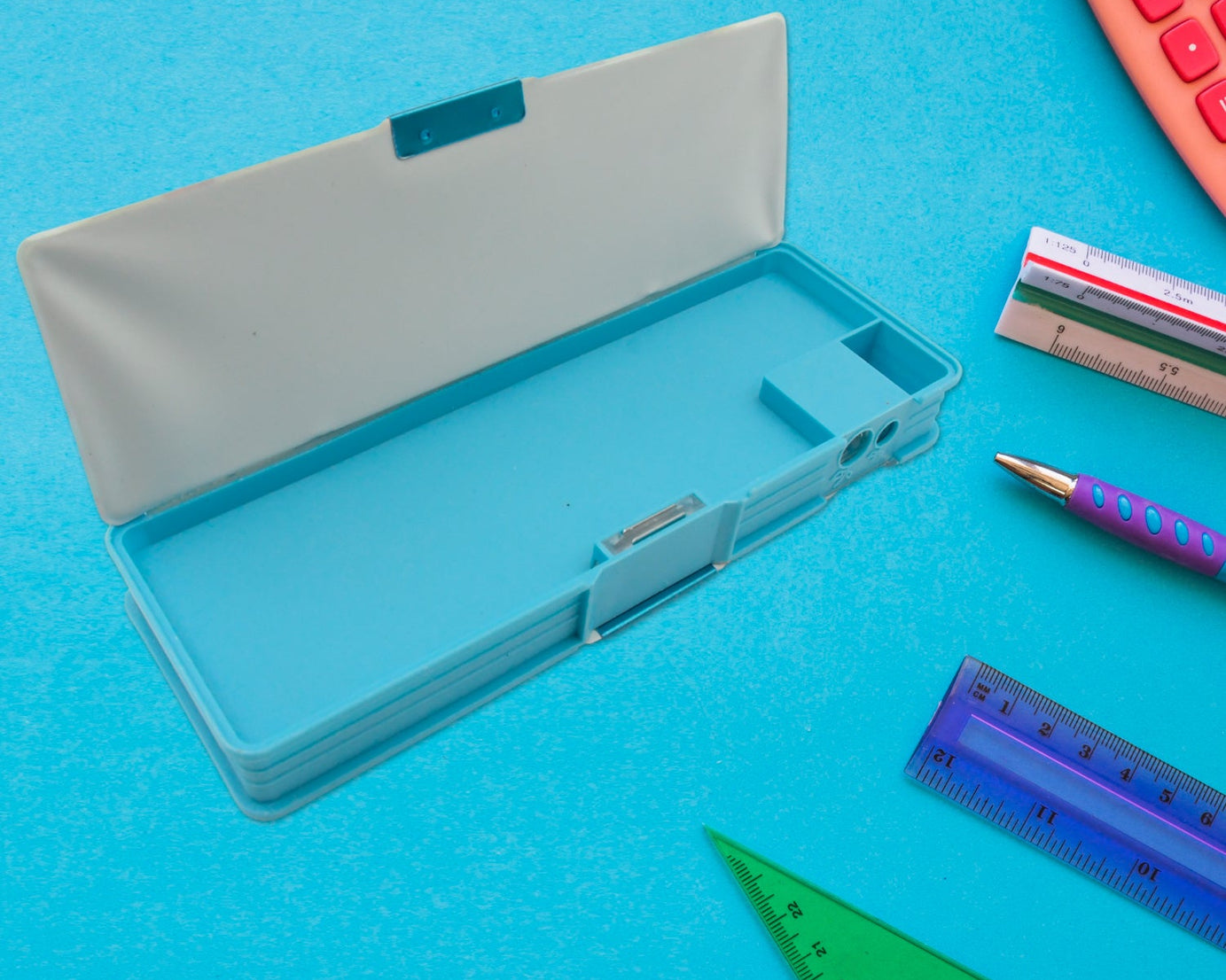 4260 Art & Stationery Cartoon Multi-functional Geometry Box for Boys with Inbuilt Calculator, 2 Sides Open and Double Sharpener Stationery Kit Pencil Box for Boys Art Plastic Pencil Box  for Girls and Boys