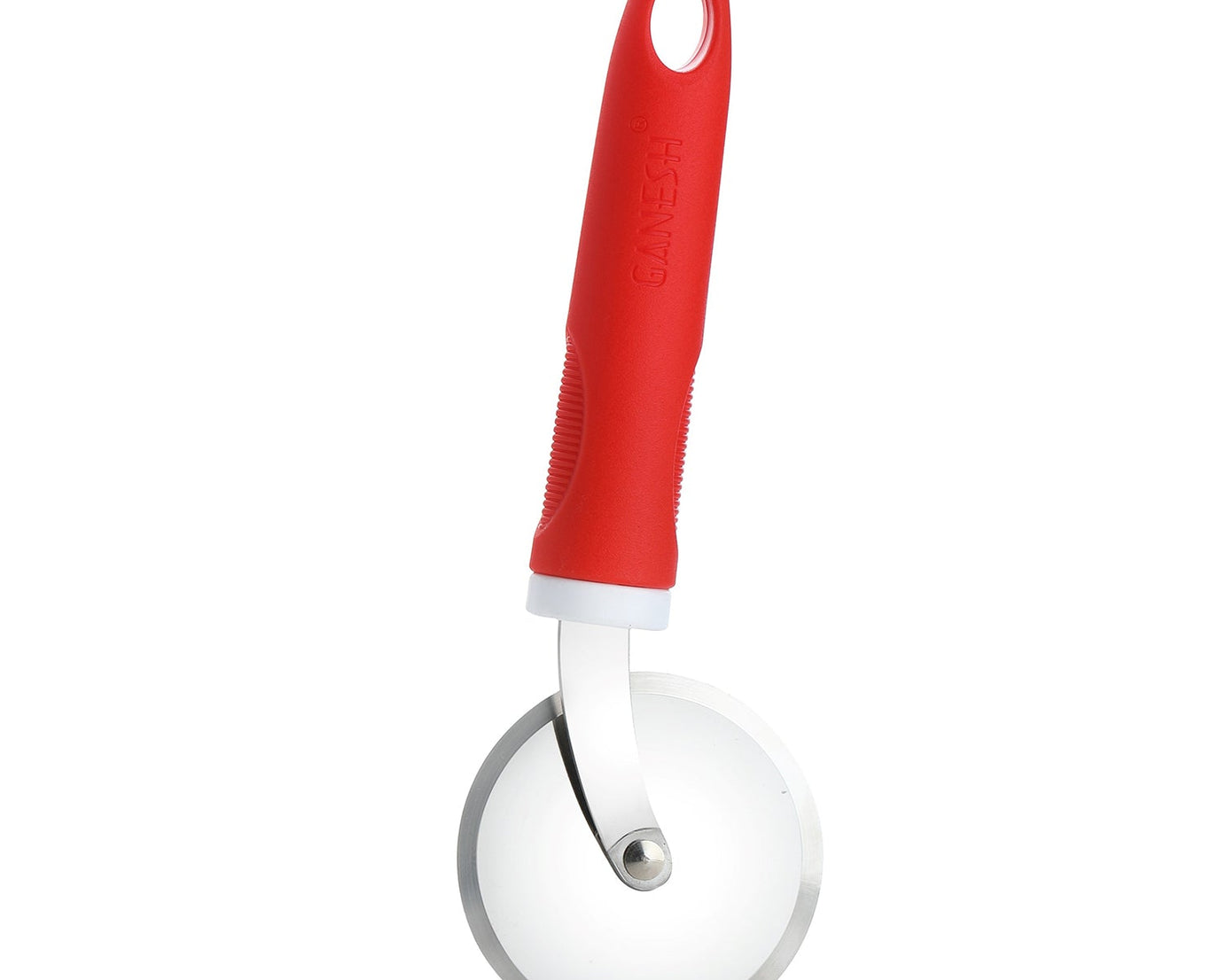 Stainless steel pizza cutter by Ganesh, wheel design, various views.