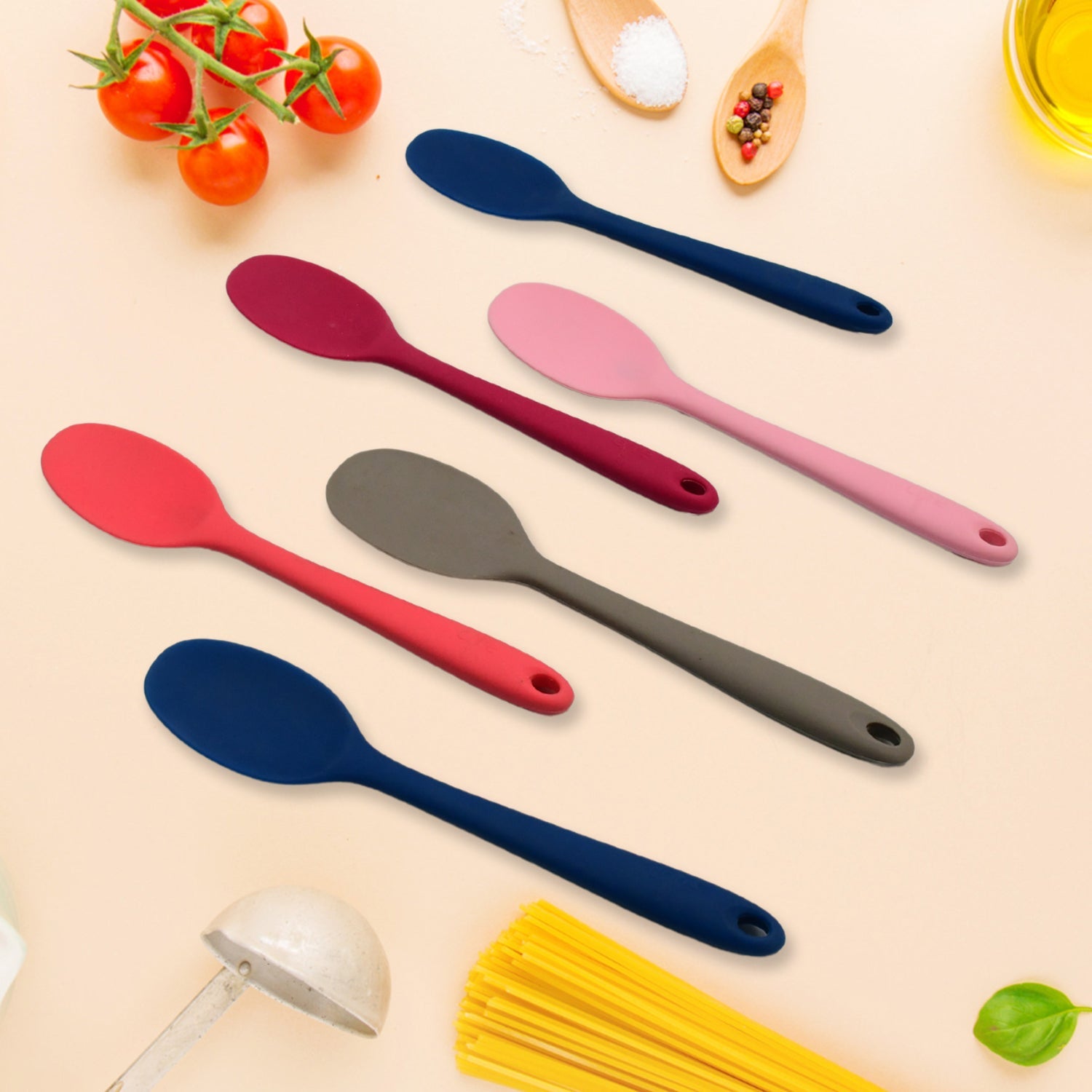 Multipurpose Silicone Spoon, Silicone Basting Spoon Non-Stick Kitchen Utensils Household Gadgets Heat-Resistant Non Stick Spoons Kitchen Cookware Items For Cooking and Baking (6 Pcs Set)
