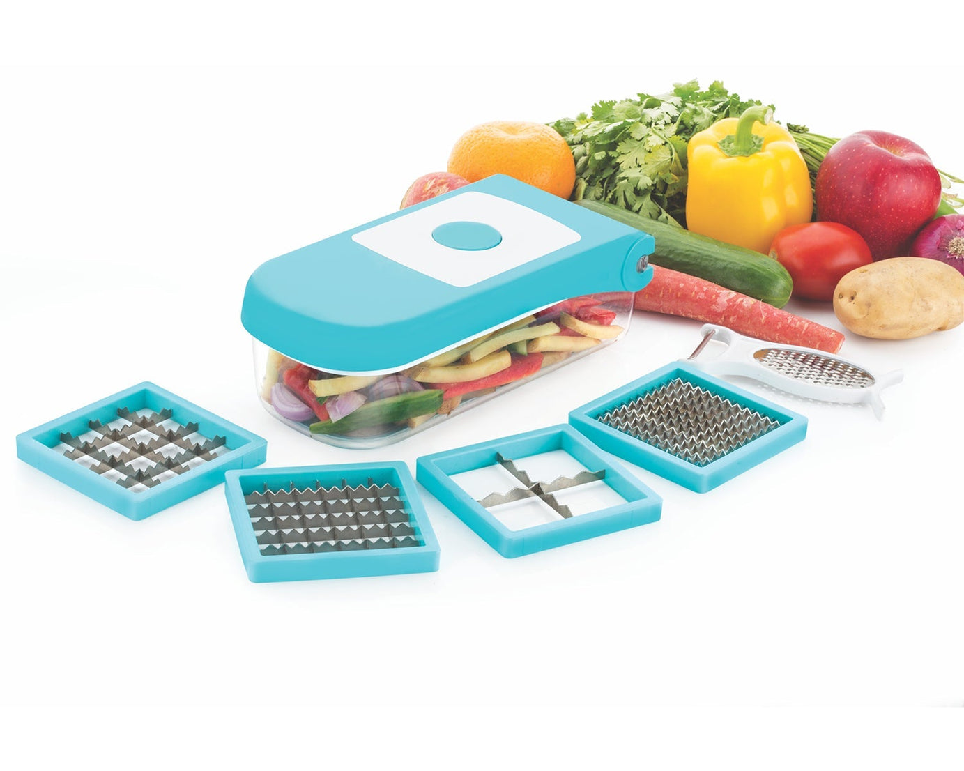Ganesh 7-in-1 plastic vegetable dicer in blue, shown from different angles.