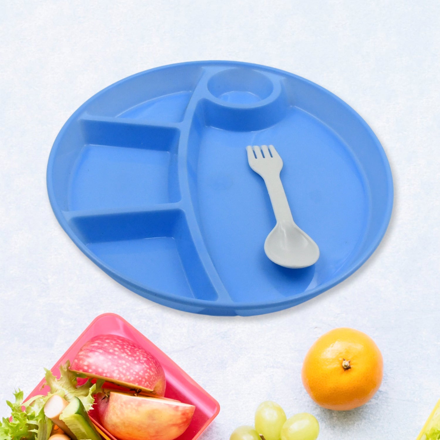 Plastic Food Plates / Biodegradable 5 Compartment Plate With Spoon for Food Snacks / Nuts / Desserts Plates for Kids, Reusable Plates for Outdoor, Camping, BPA-free (1 Pc)