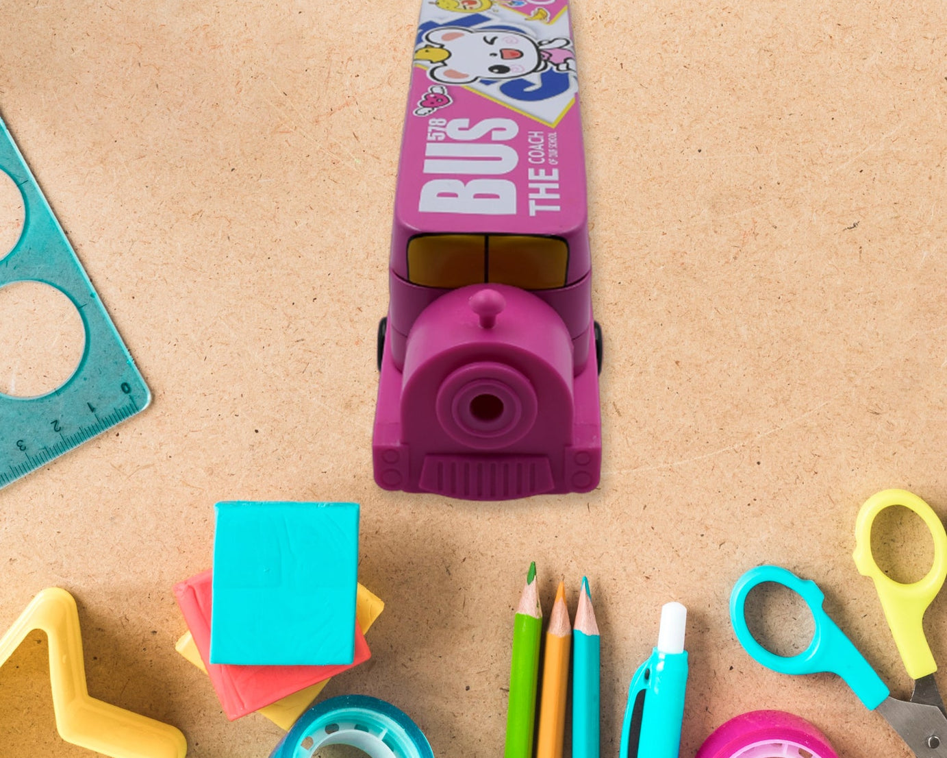 Double Decker Magic Bus Compass 2 Layer Metal Bus Compass Pencil Case with Movable Wheels & Sharpener Bus Shape with Tiers Metal Pencil Box for Kids Birthday Party