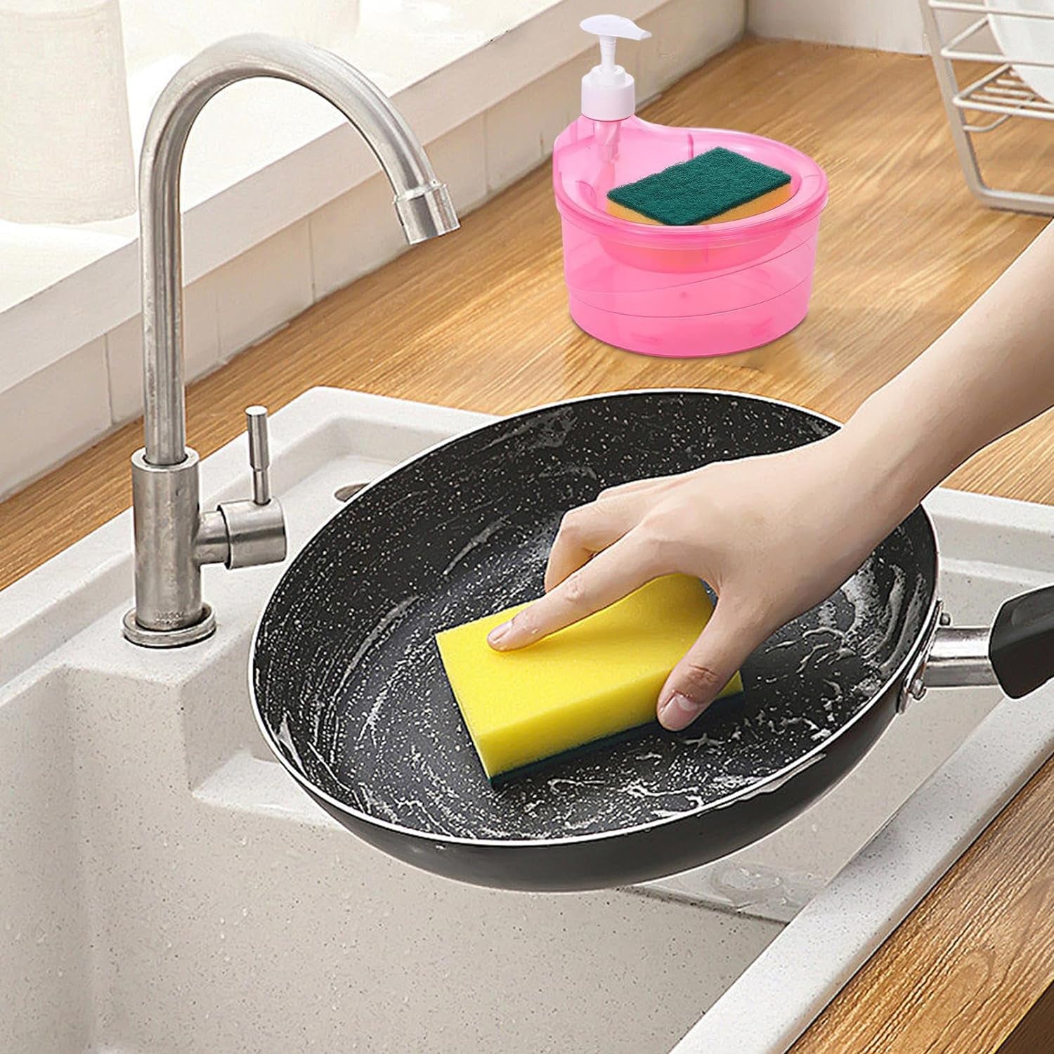 Double Layer Liquid soap Dispenser with Pump and Sponge, Practical for Hotel Sink Clear, Soap Dispensing Liquid Pump Bottle for Home, Kitchen Rectangle ( 2 in 1 )