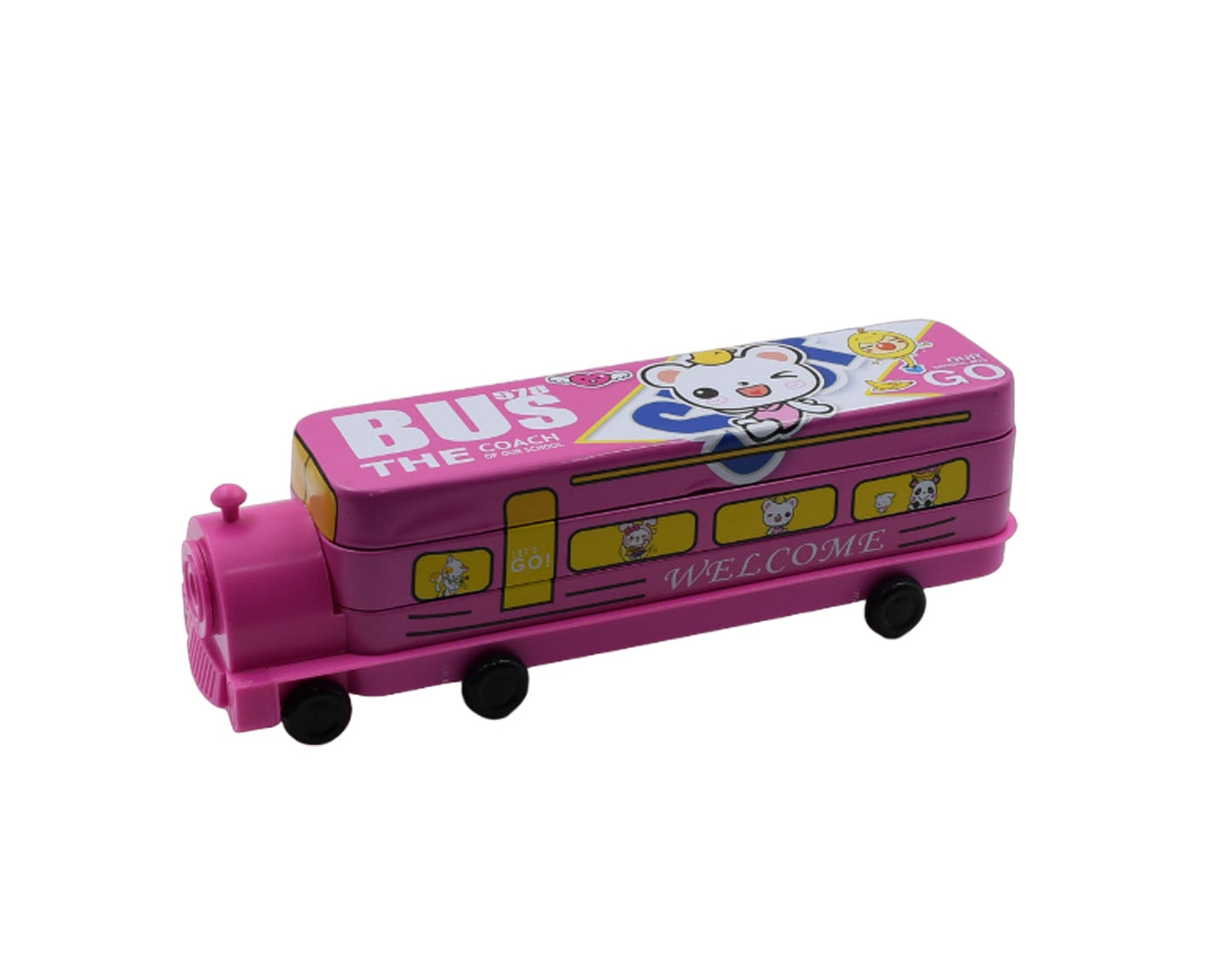 Double Decker Magic Bus Compass 2 Layer Metal Bus Compass Pencil Case with Movable Wheels & Sharpener Bus Shape with Tiers Metal Pencil Box for Kids Birthday Party