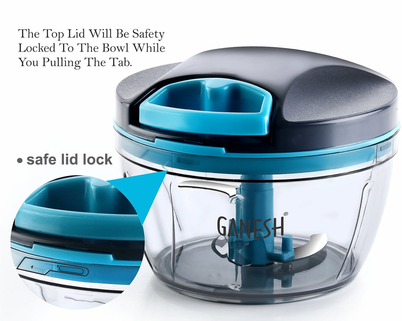 Ganesh 470 ml Wonder Chopper in grey, different views and angles.