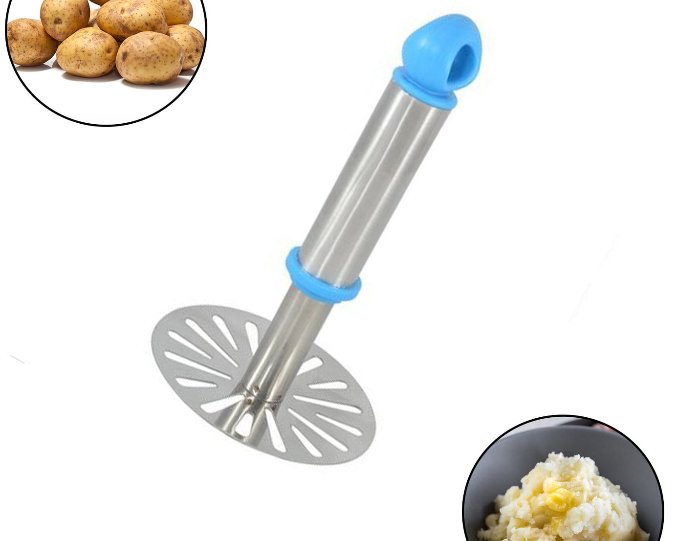 Oval-shaped pav bhaji masher, Ganesh, with plastic handle, silver and plastic.