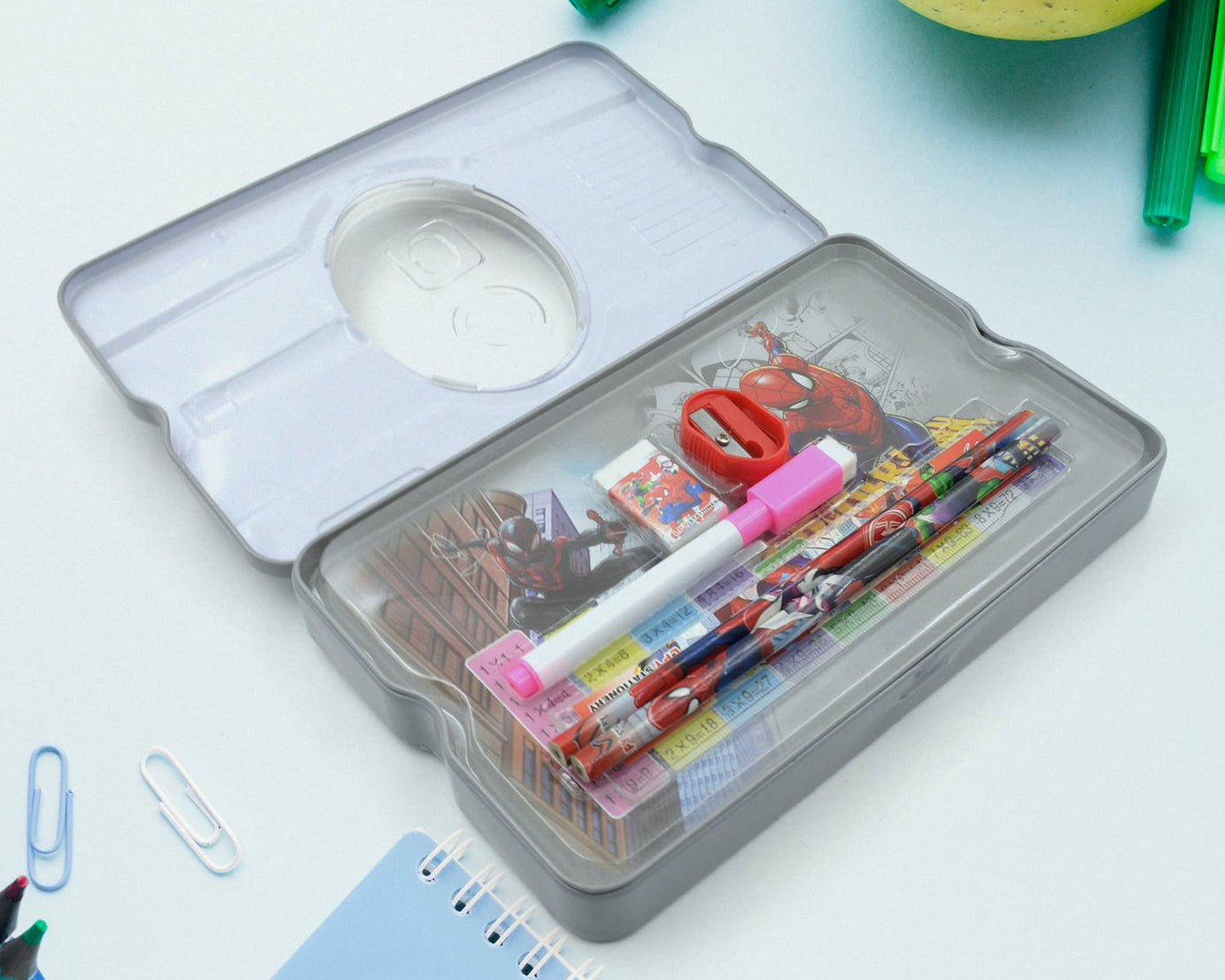 Big Cartoon Printed  Metal Compass Box, Pencil Case With Sharpner, Eraser, Pencil, Marker & Scale for Kids Stationery Compass Box, Stationery Gift for School Kids Compass, Pencil Box, Birthday Return Gift for Kids  (6 Pc Set)