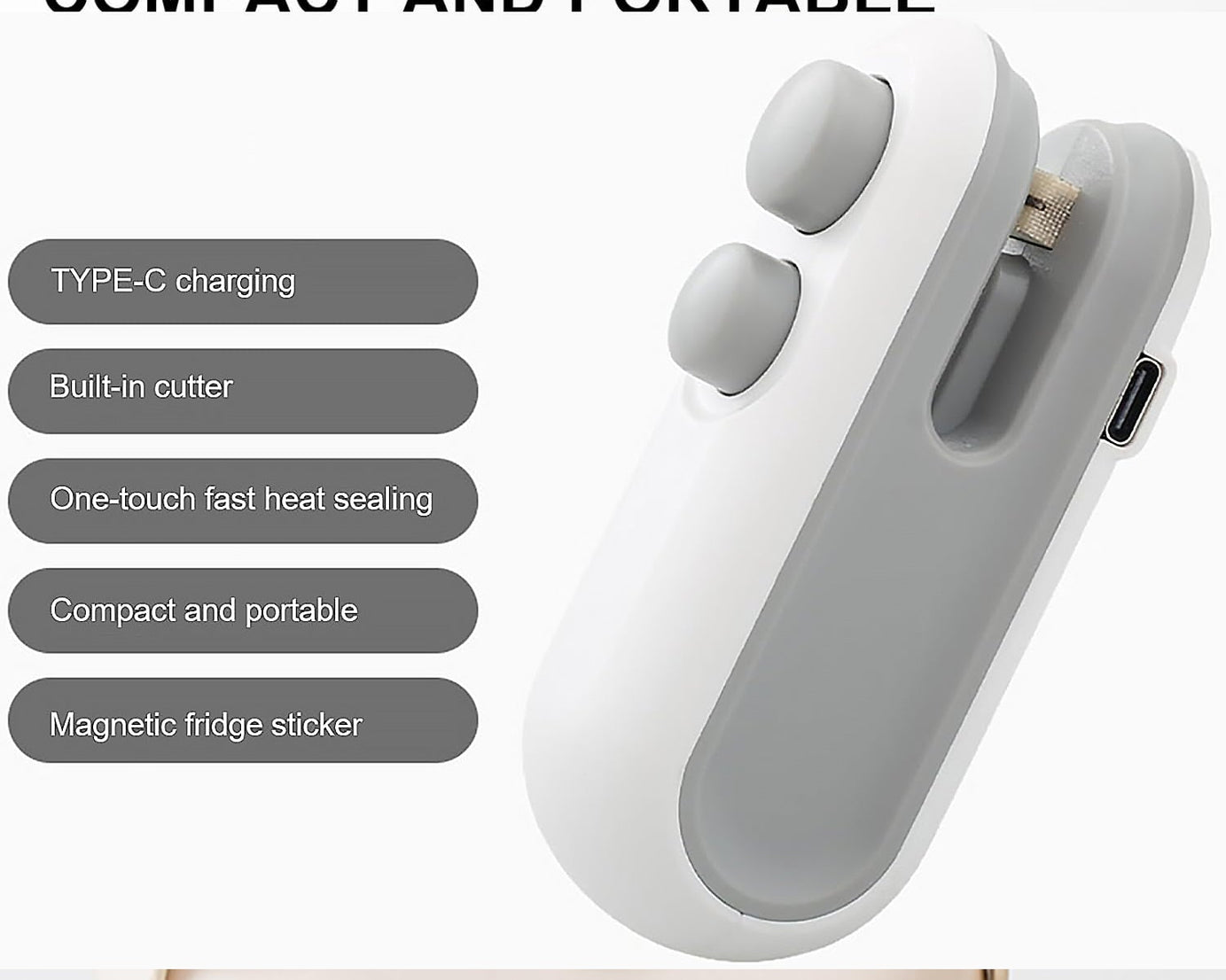 Mini Bag Sealer, 2 in 1 Seal & Cutter Heat Sealers, TYPE-C USB Charging Portable Bag Reseller, Handle Food Sealer, Sealing Machine for Food Storage Plastic Bags Snacks Keep Food Fresh