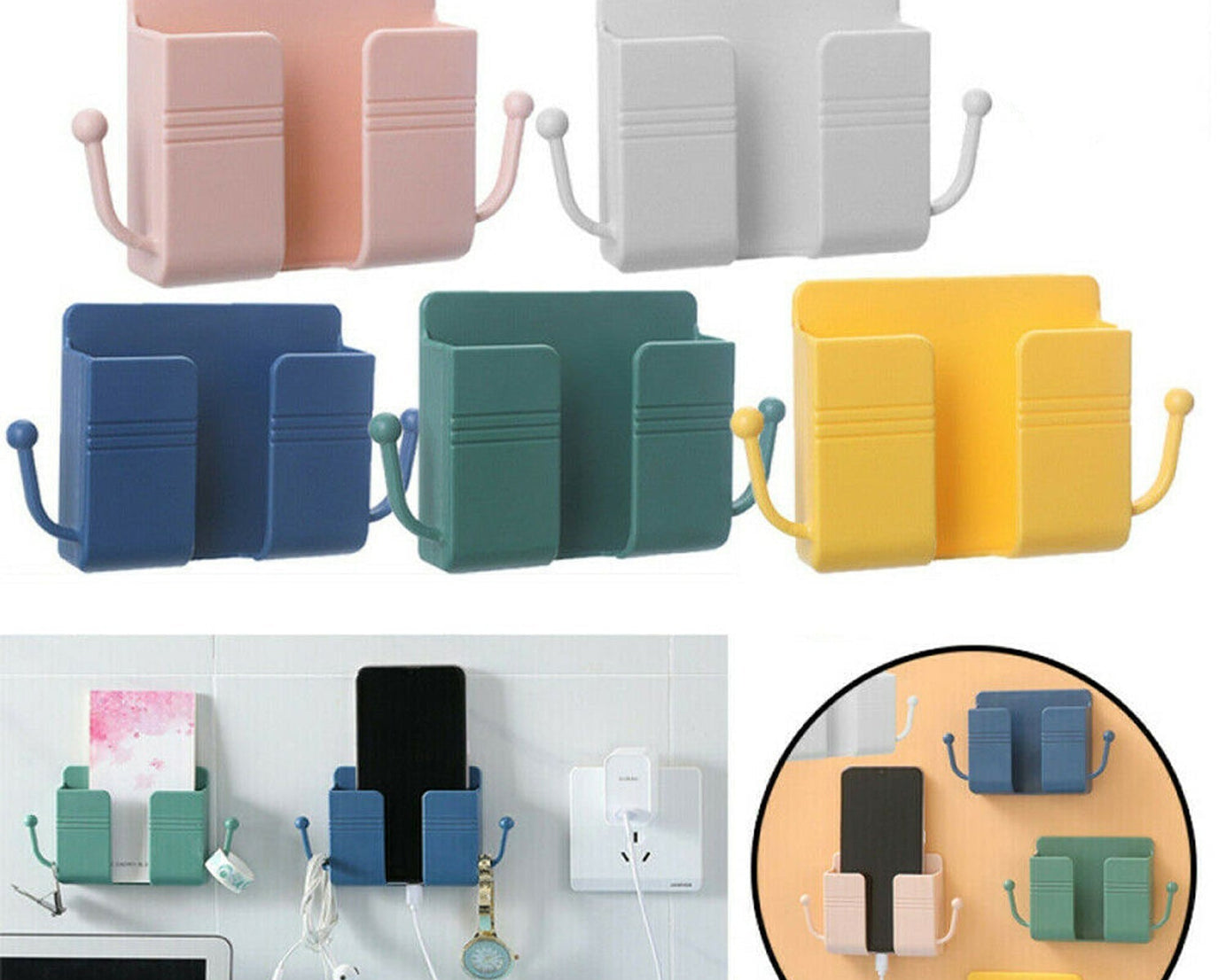 Wall-mounted stand with hook, suitable for mobile phones and more