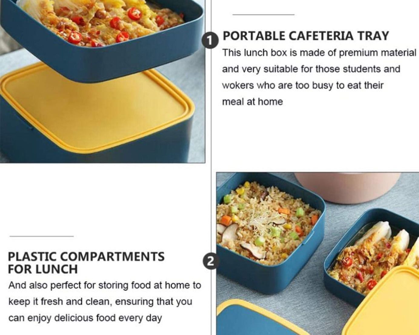 Blue lunch box with spoon and stackable layers