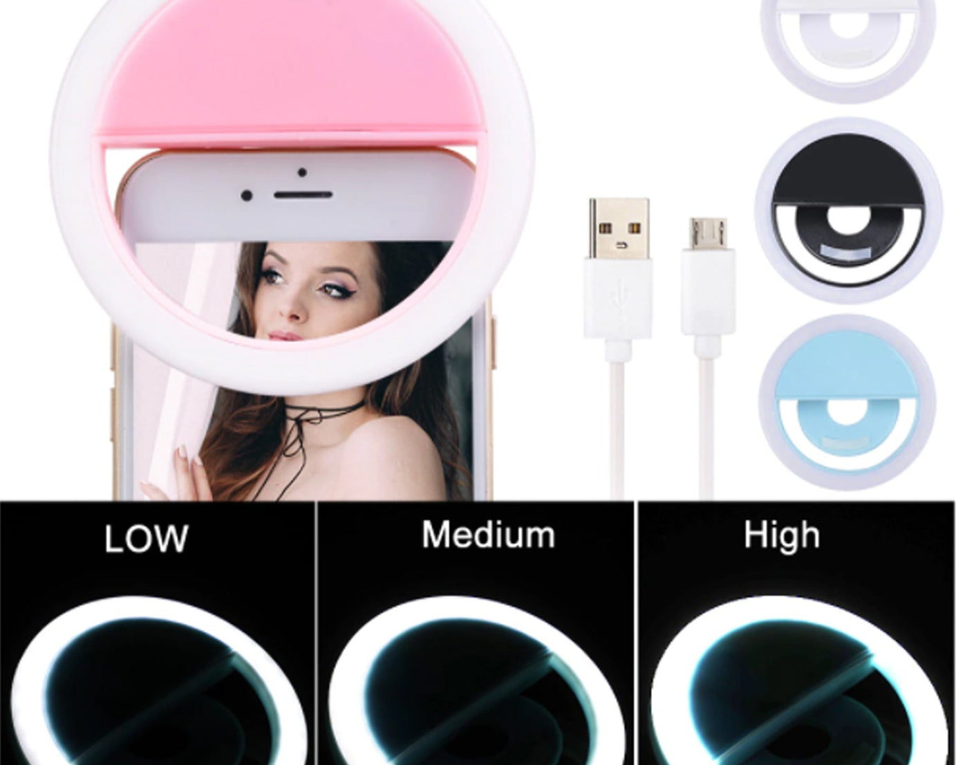 Selfie ring light, full view with adjustable settings