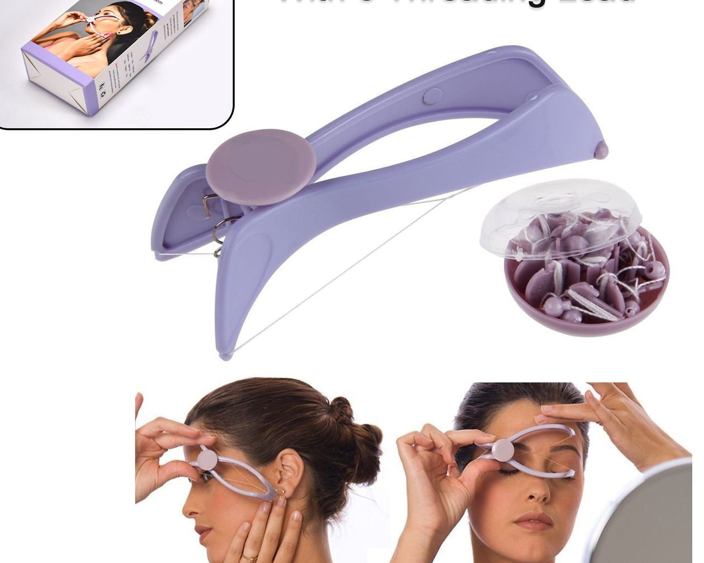 Close-up of the hair removal device's threading mechanism.