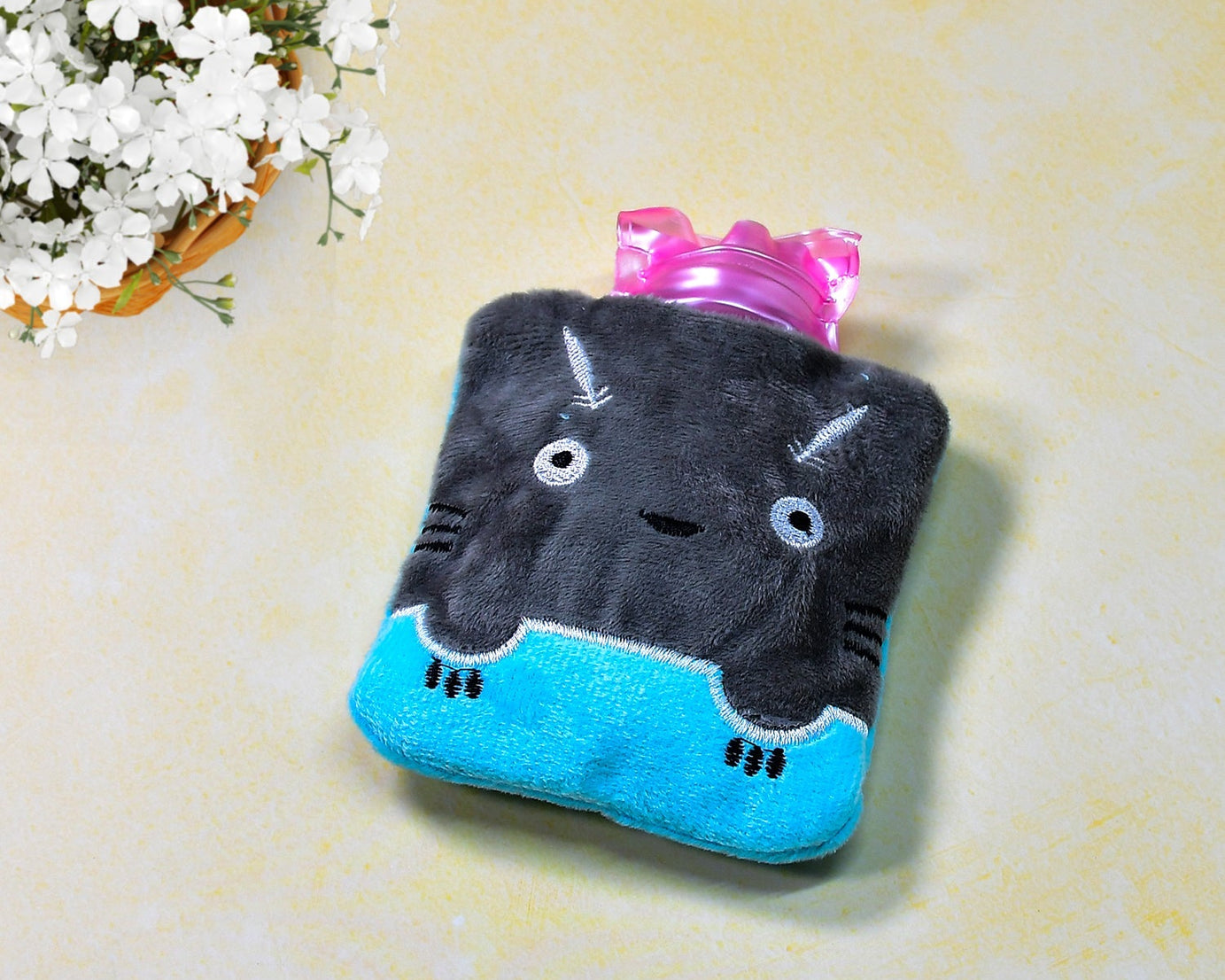 Grey Cat Print Small Hot Water Bag with Cover for Pain Relief
