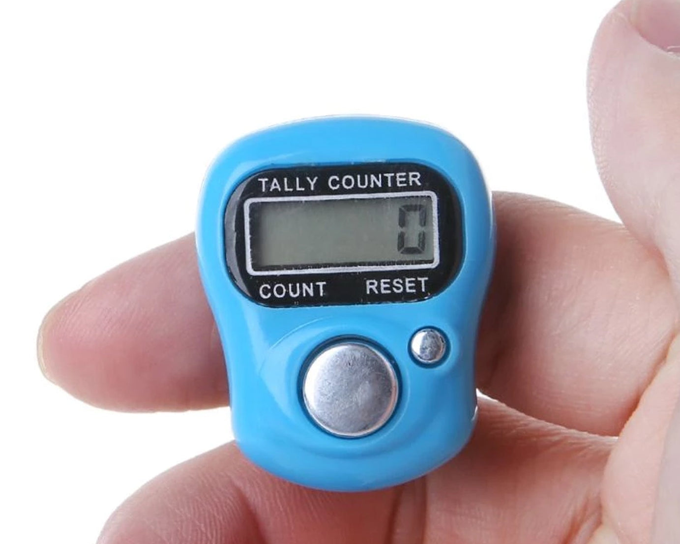 Digital tally counter with a manual hand finger counting mechanism.