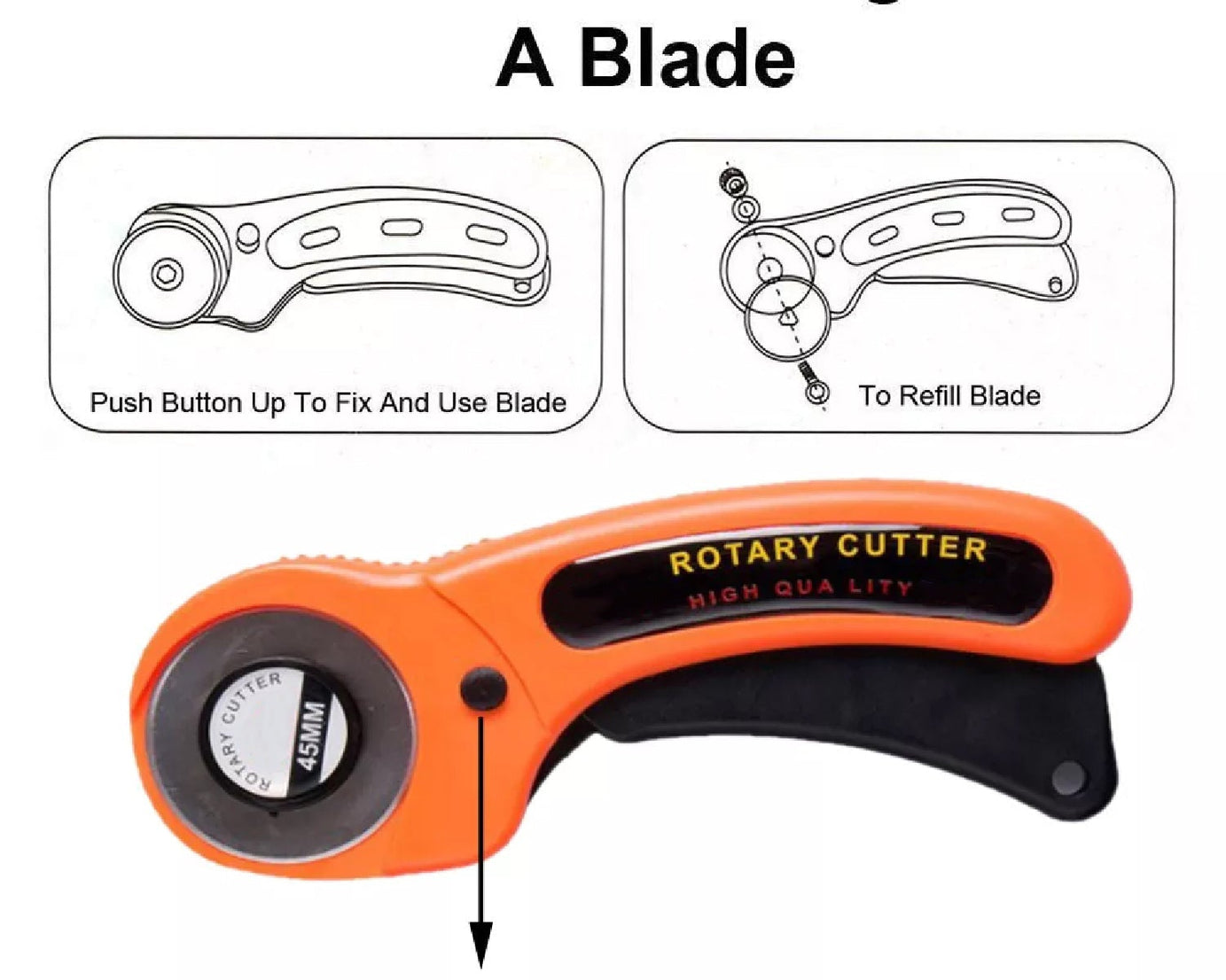 Detailed view of manual sewing cutter with rotary blade and safety features