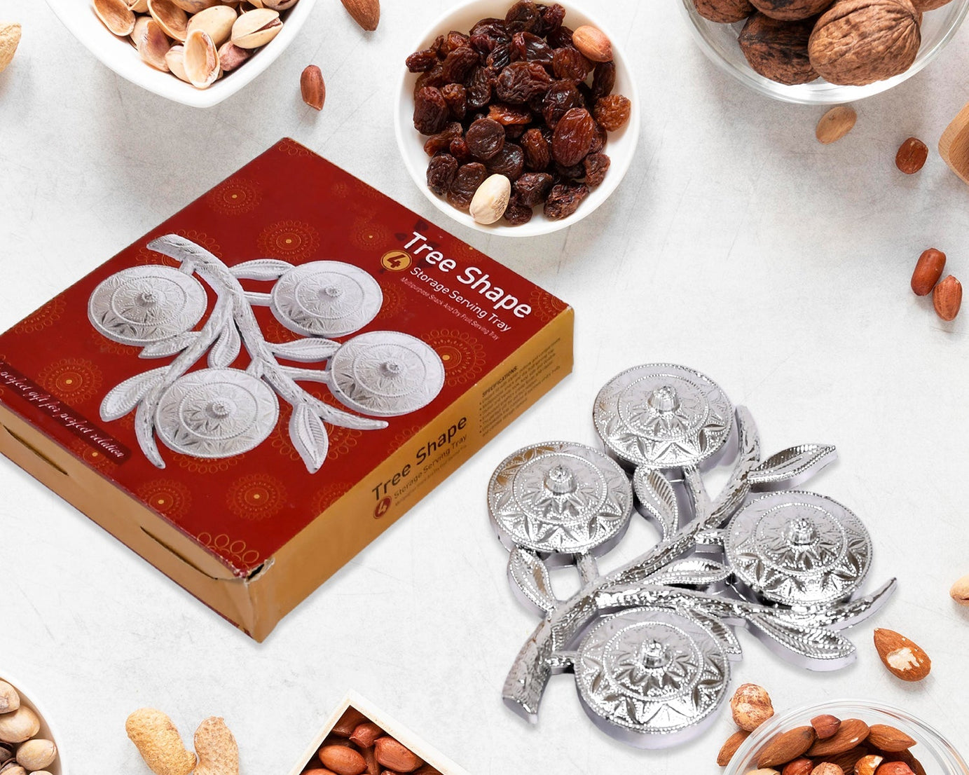 Tree Shape 4 Compartment Mukhwas Dani Serving Tray For Home & Kitchen Use