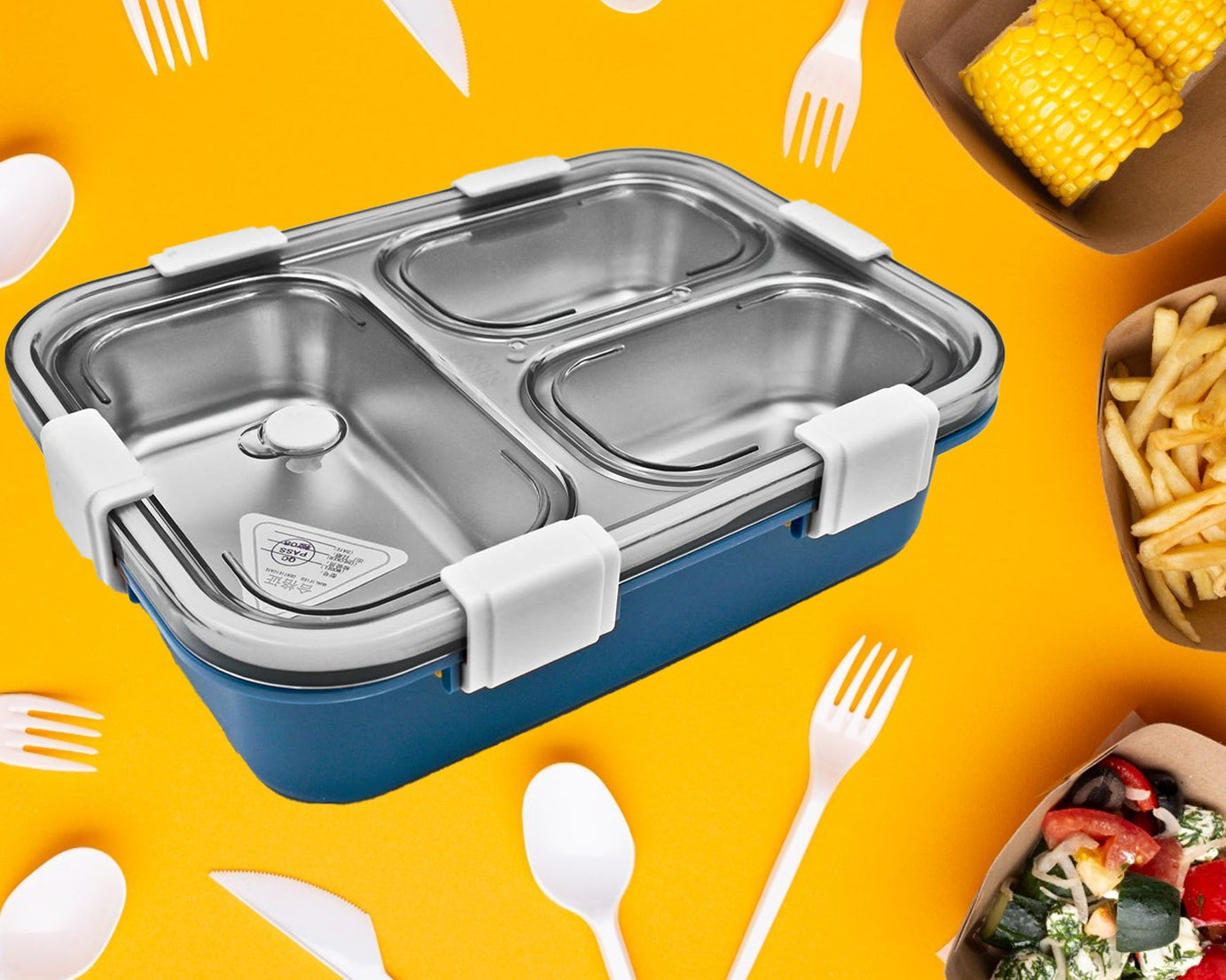 3 Compartment Transparent Stainless Steel Lunch Box for Kids, Tiffin Box, Lunch Box, Lunch Box for Kids, Insulated Lunch Box, Lunch Box for Office Women and Men, Stainless Steel Tiffin Box for Boys, Girls, School Office (Multi Color)