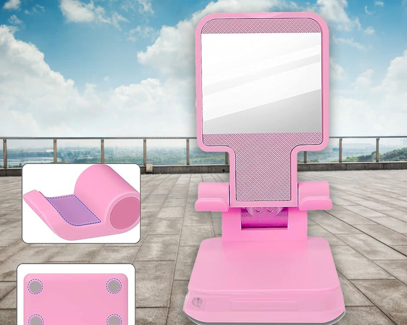 DESKTOP CELL PHONE STAND PHONE HOLDER WITH MIRROR FULL 3-WAY ADJUSTABLE PHONE STAND FOR DESK HEIGHT + ANGLES PERFECT AS DESK ORGANIZERS AND ACCESSORIES