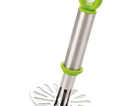 Ganesh potato masher, oval design, silver and plastic with plastic handle.