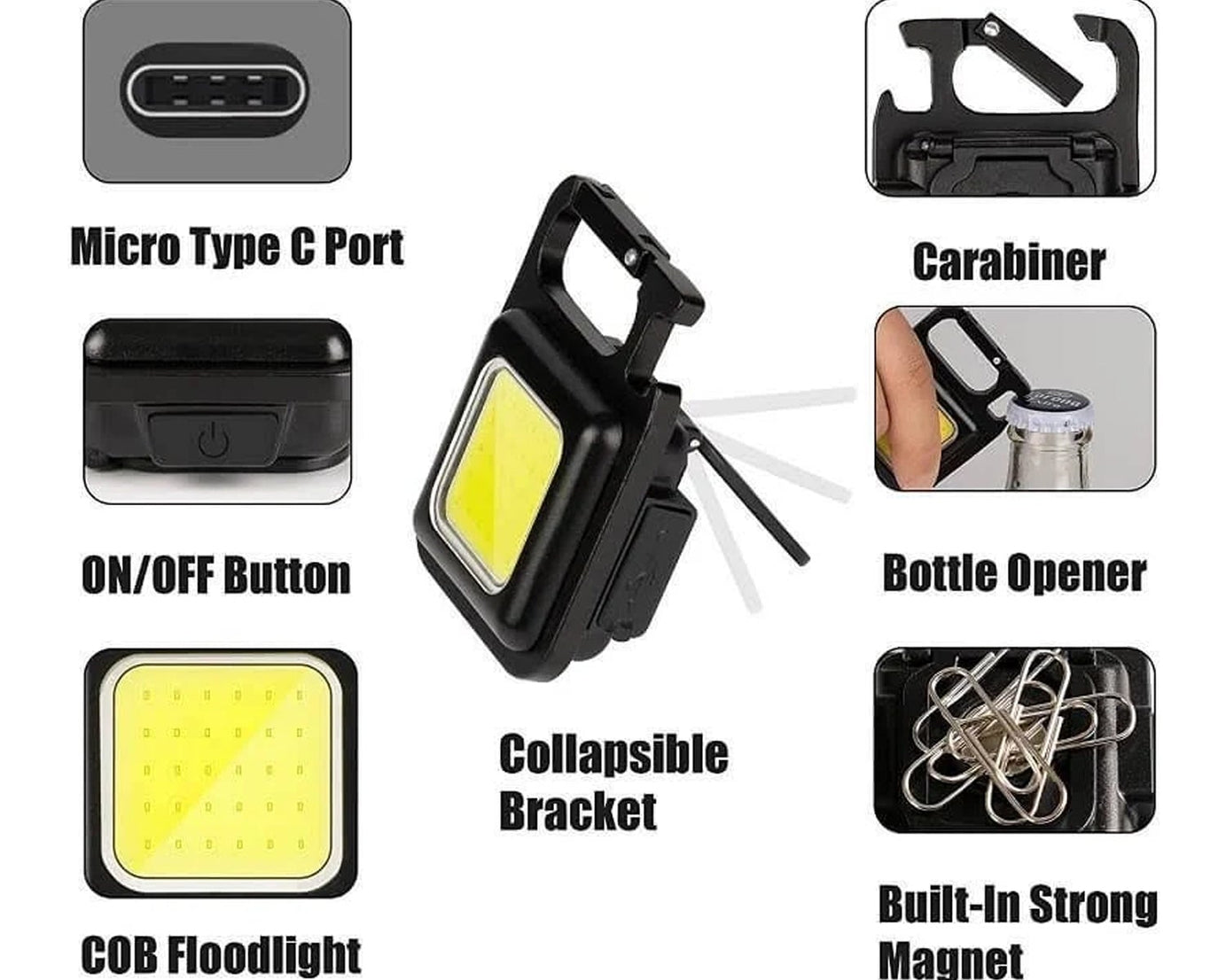 Rechargeable Keychain Mini Flashlight with 4 Light Modes,Ultralight Portable Pocket Light with Folding Bracket Bottle Opener and Magnet Base for Camping Walking