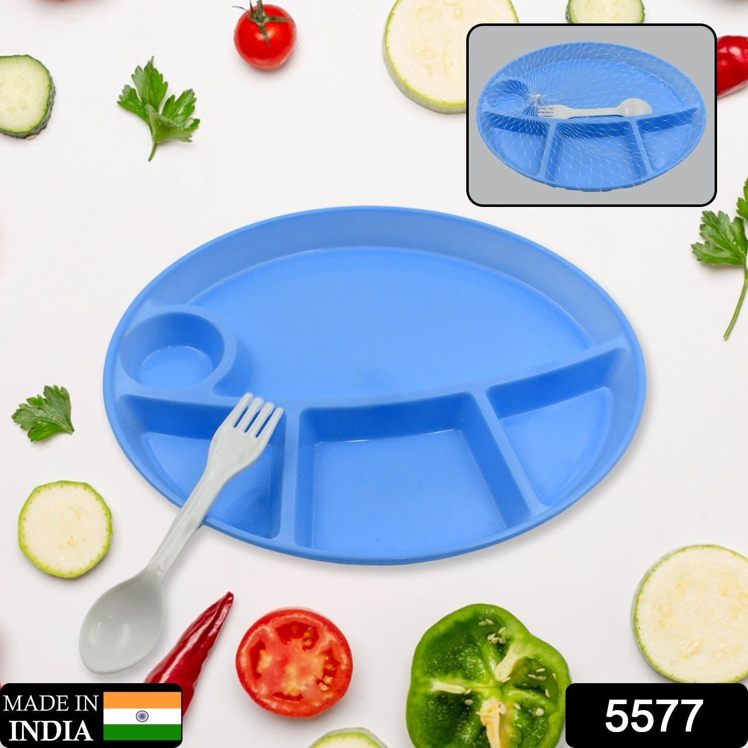 Plastic Food Plates / Biodegradable 5 Compartment Plate With Spoon for Food Snacks / Nuts / Desserts Plates for Kids, Reusable Plates for Outdoor, Camping, BPA-free (1 Pc)