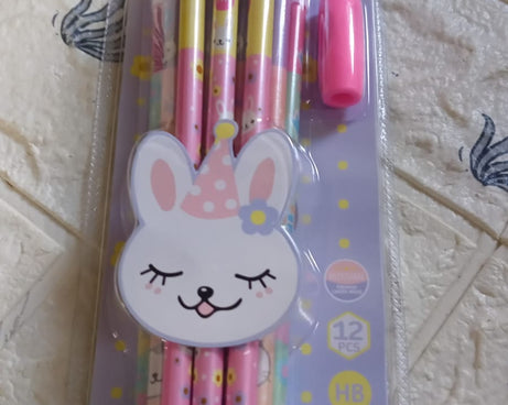 Cute Rabbit Bear Drawing Graphite Writing Pencil Set with Pencil Sharpener & Eraser, Pencil and Eraser Set with Eraser for Kids, for Girls, Fancy School Stationary, Birthday Party Return Gift (14 Pc Set)