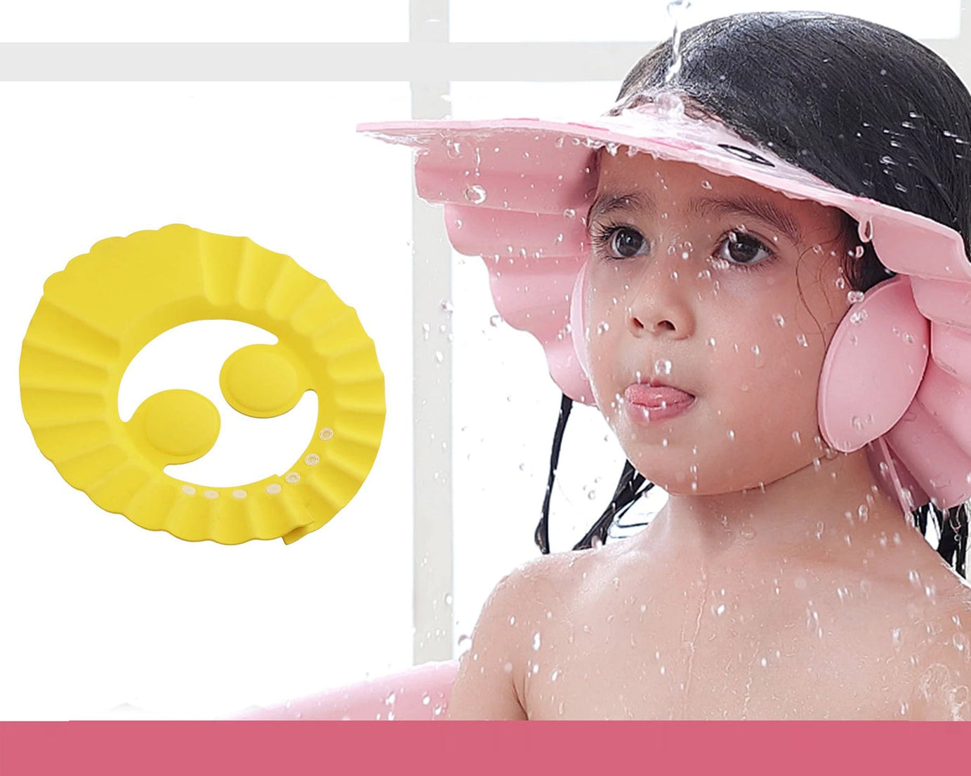 Adjustable soft baby shower cap for safe bathing.