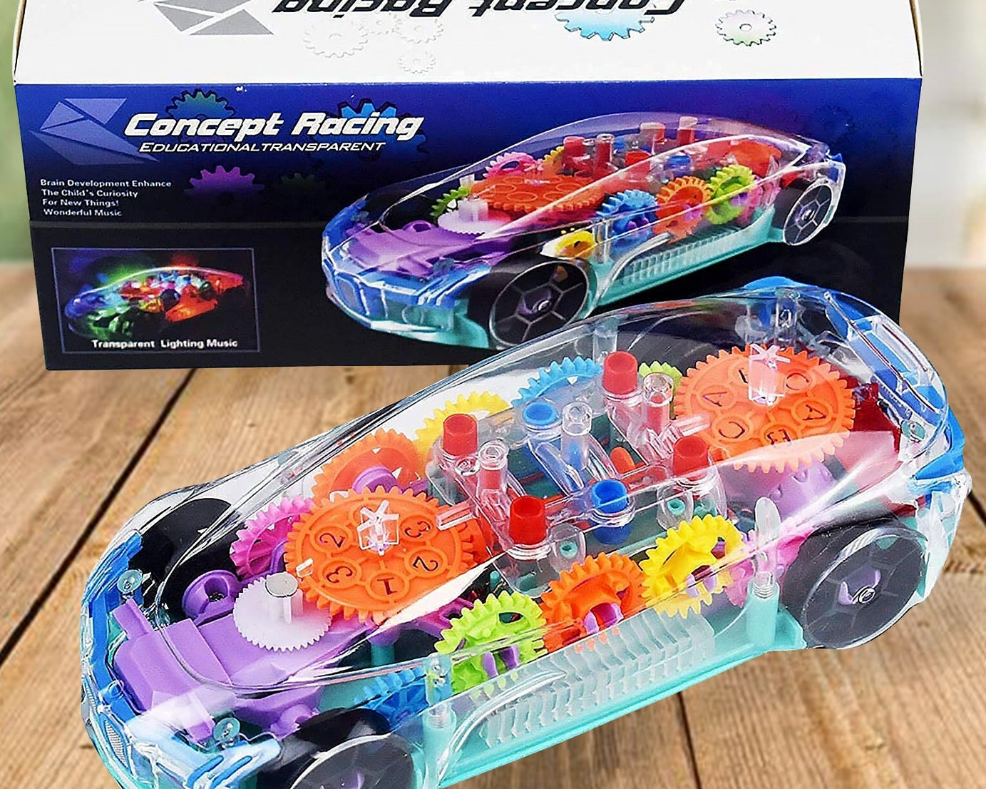 Automatic 360 Degree Rotating Transparent Gear Concept Car with Musical and 3D Flashing Lights Toy for Kids Boys & Girls (Multicolor / Battery Not Included)